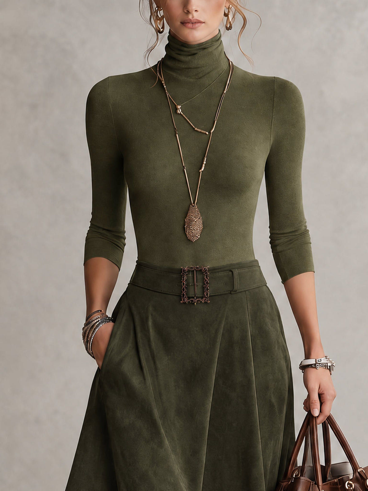 Olivgrünes Stretch-Rollkragentop und asymmetrischer Kunstwildlederrock Set (mit Gürtel)