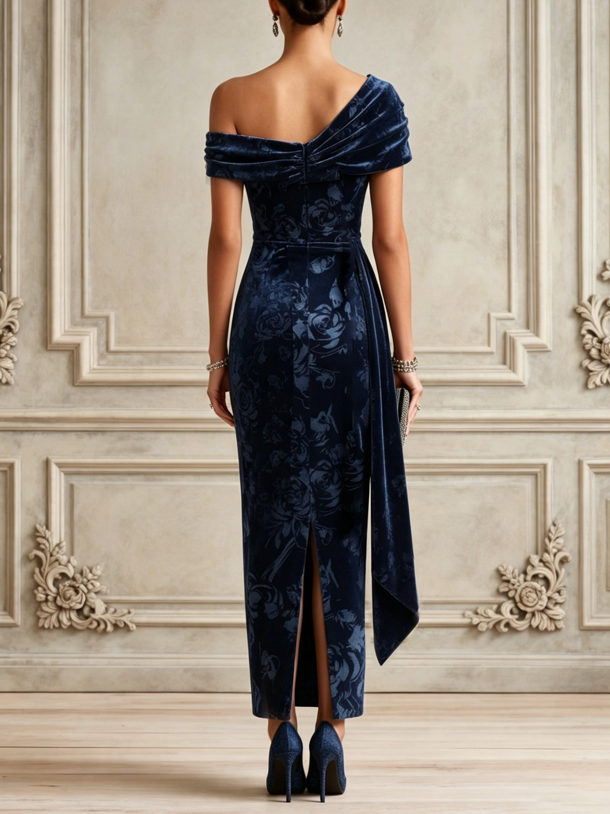 Blaues florales gerafftes Samt One-Shoulder Kurzarm Bodycon Maxikleid mit Schlitz