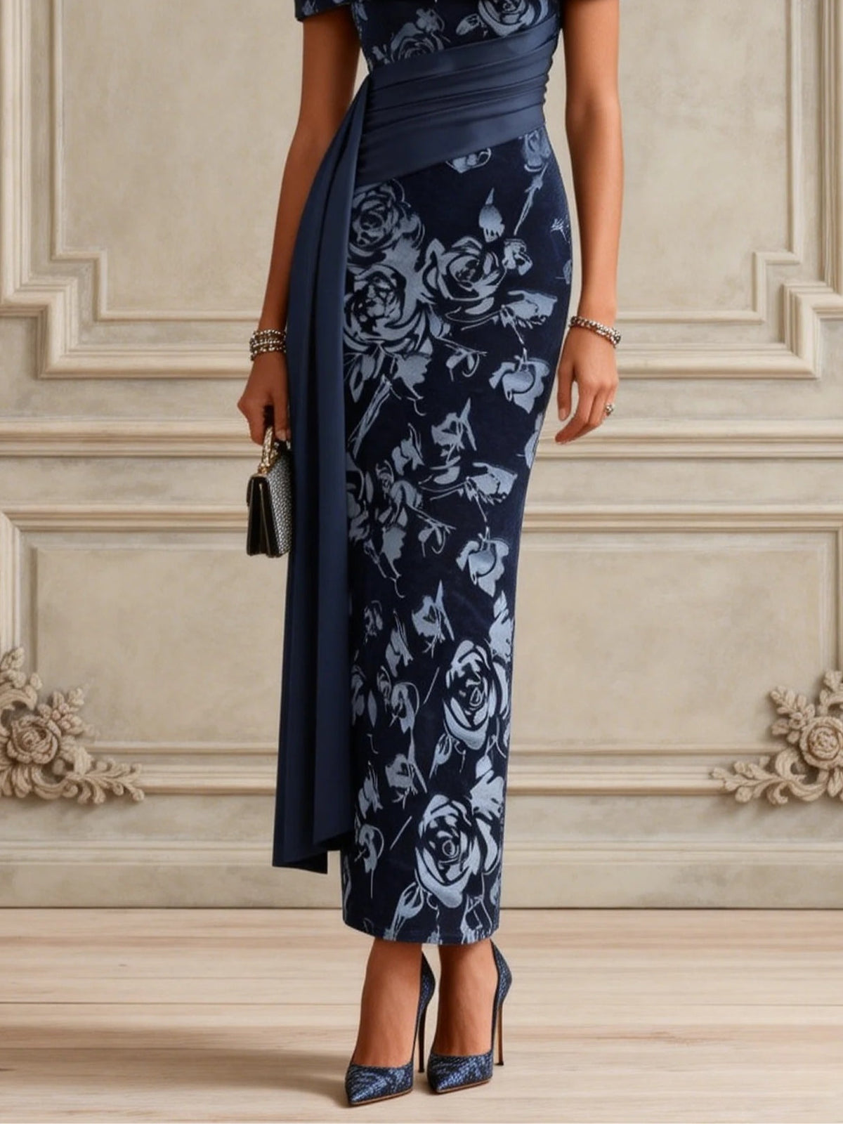 Blaues florales gerafftes Samt One-Shoulder Kurzarm Bodycon Maxikleid mit Schlitz