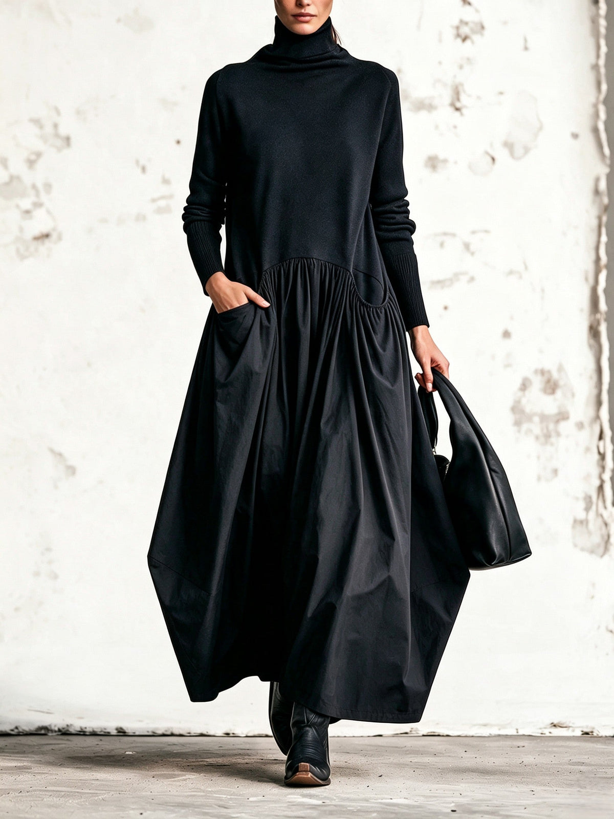 Hochgeschlossenes Oversized Maxikleid mit Taschendetails