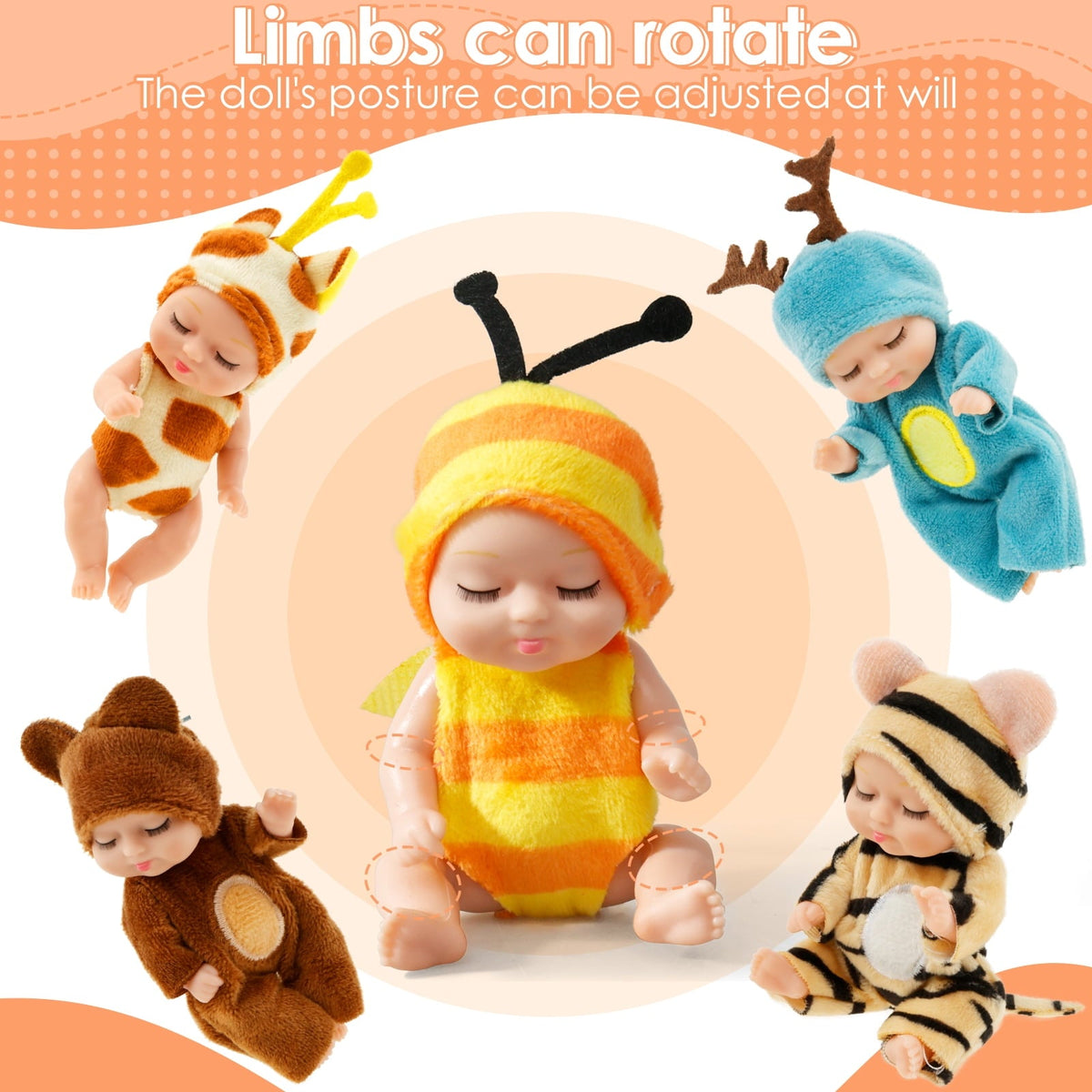 6-teiliges Mini Reborn Babypuppen-Set mit Tier-Outfits