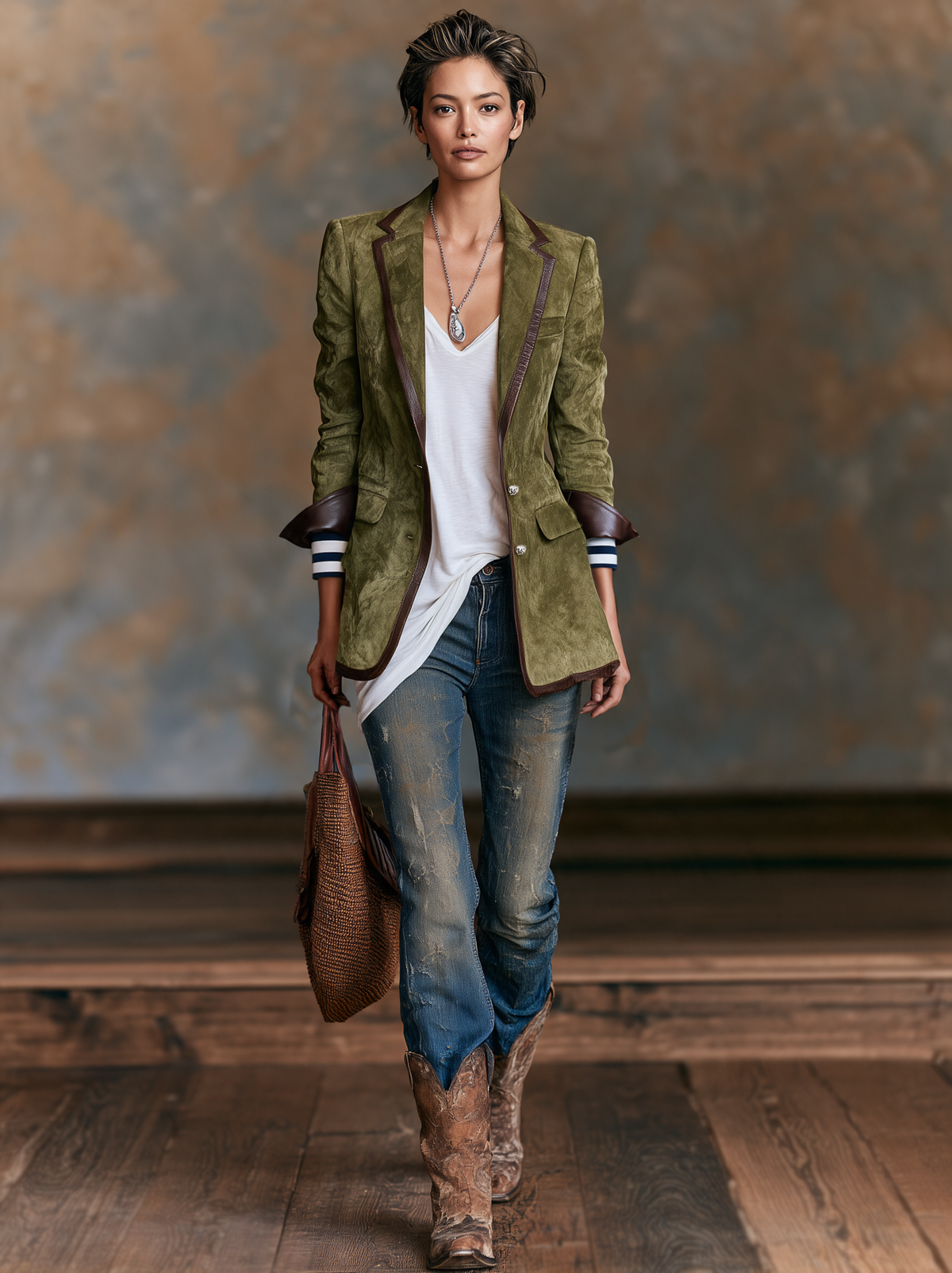 Damen Vintage-Stil Kunstwildleder Blazer mit rotem Lederbesatz