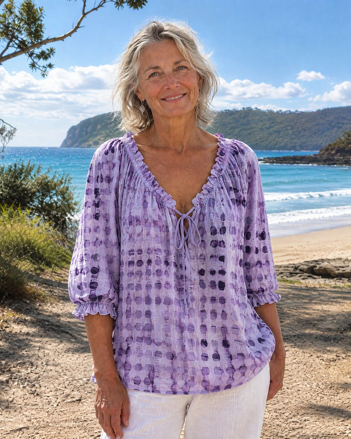 Boho Print Blusenshirt mit Bindenausschnitt