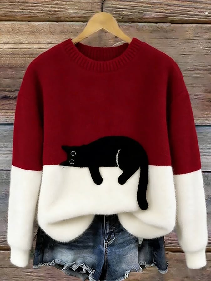 Schwarze Katze Kuscheliges Oversize-Plüsch-Sweatshirt