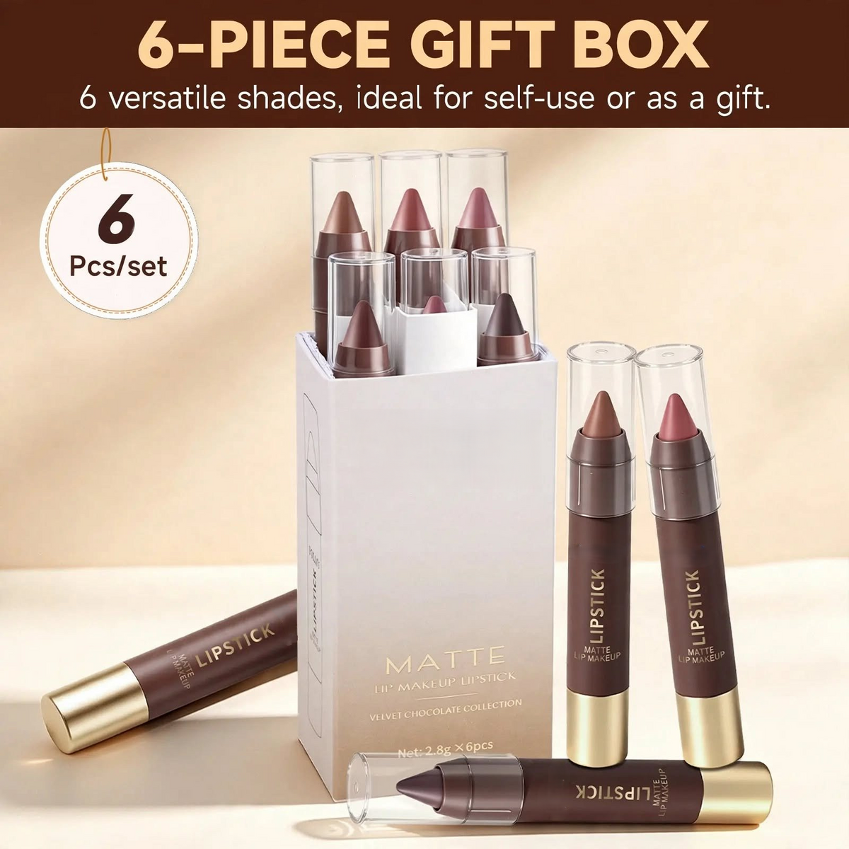 6er-Set langanhaltender matter brauner Lippenstift