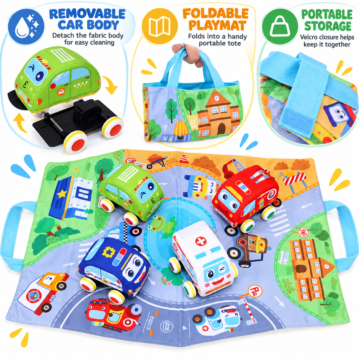 Weiches Plüsch-Rückzieh-Auto-Set mit 2-in-1-Spielmatte und Aufbewahrungstasche