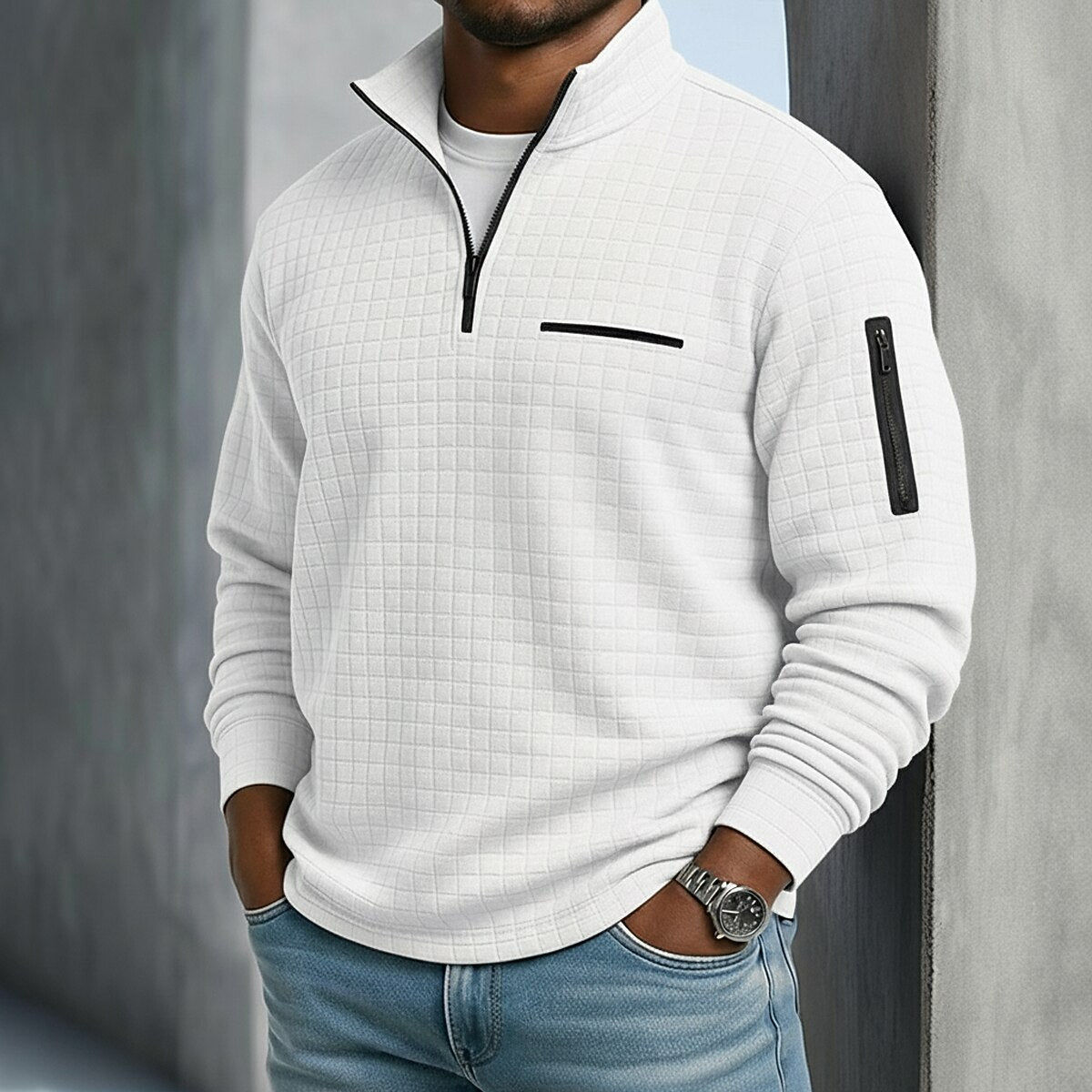 Klassisches Waffle-Poloshirt mit Viertel-Reißverschluss