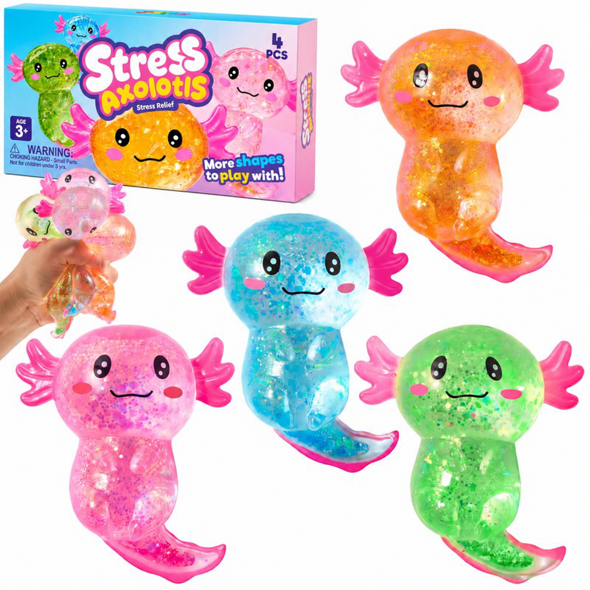 Axolotl Squishy 4er-Pack, langsam aufgehende Glitzer-Stressspielzeuge