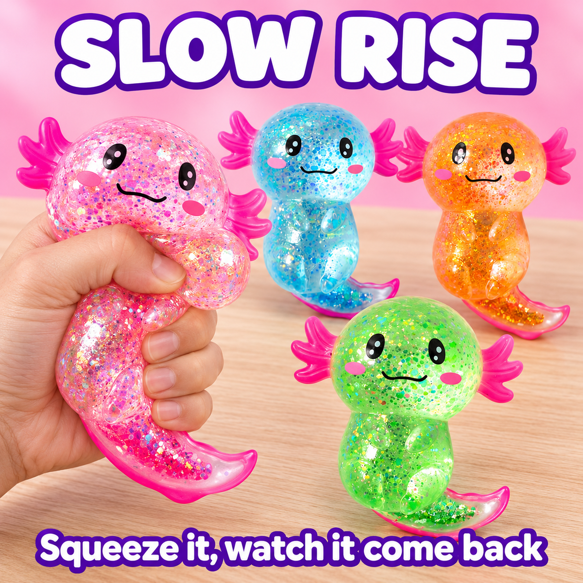 Axolotl Squishy 4er-Pack, langsam aufgehende Glitzer-Stressspielzeuge