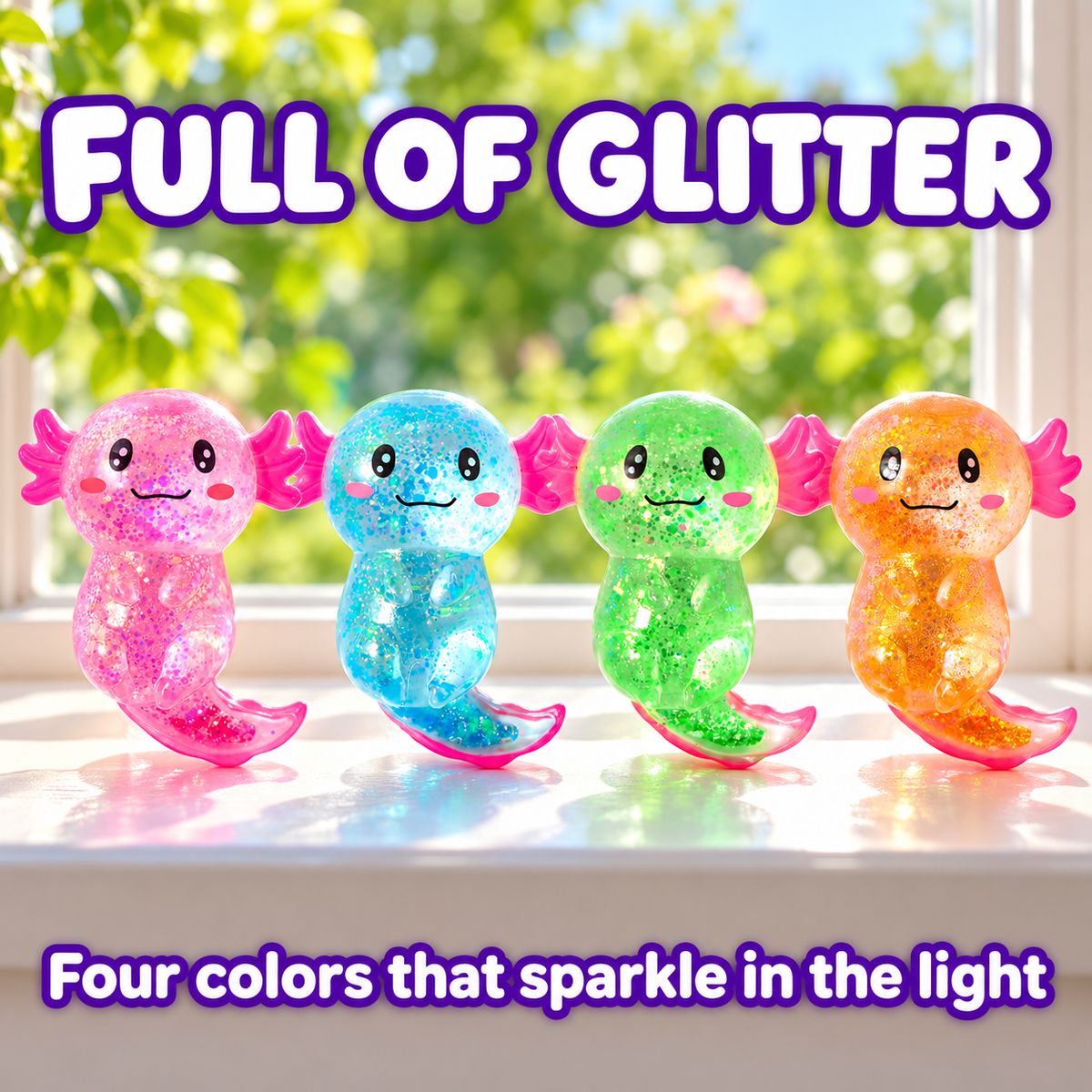Axolotl Squishy 4er-Pack, langsam aufgehende Glitzer-Stressspielzeuge