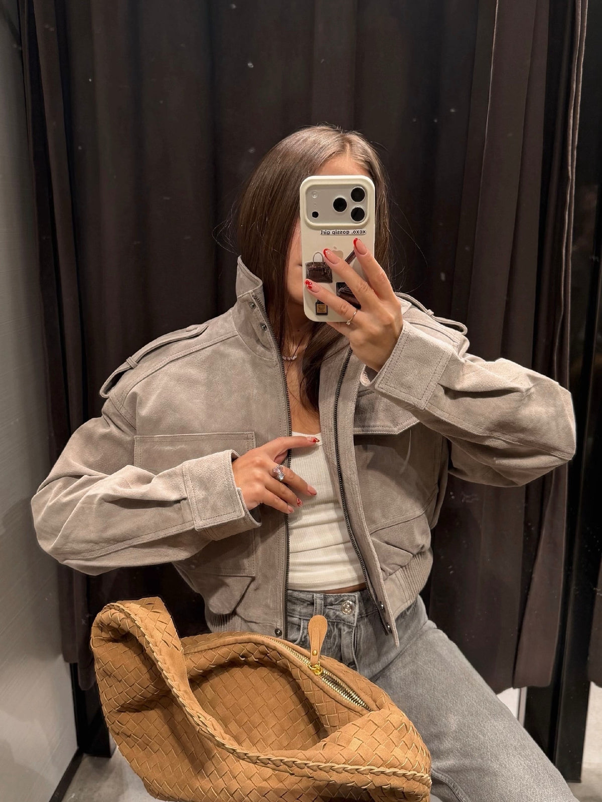 Wildleder Cropped Bomberjacke in Grau
