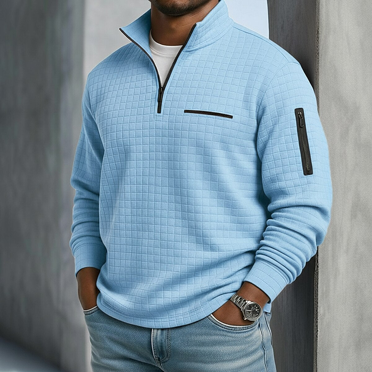 Klassisches Waffle-Poloshirt mit Viertel-Reißverschluss