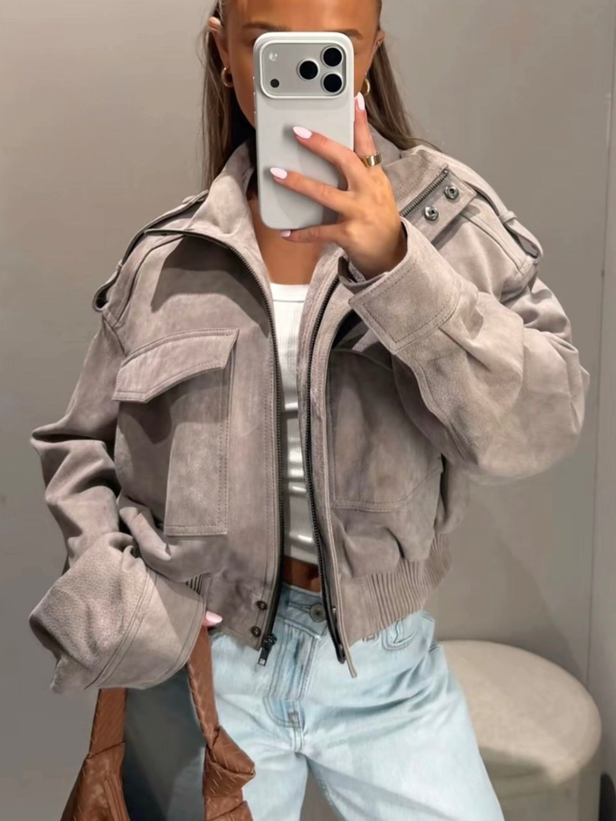 Wildleder Cropped Bomberjacke in Grau