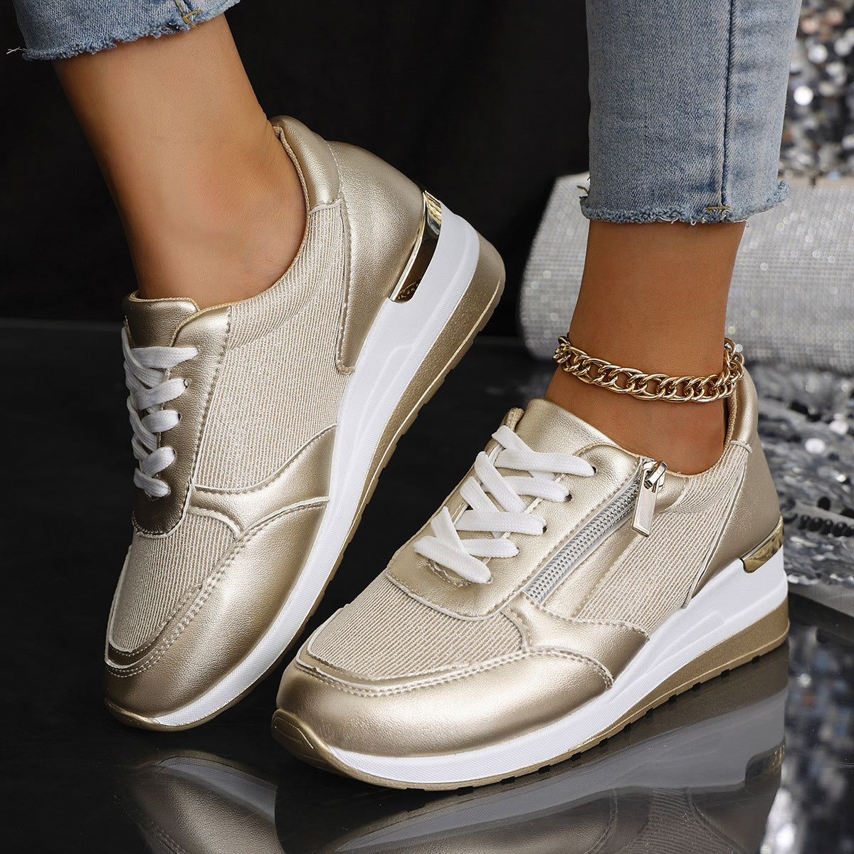 Damen-Sneaker mit Schnürung und seitlichem Reißverschluss – Dicke Sohle, Komfort und sportlicher Stil