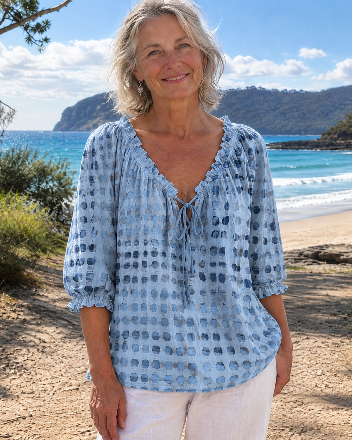 Boho Print Blusenshirt mit Bindenausschnitt