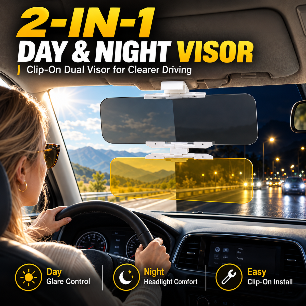 Universelles HD-Sonnenblende für das Auto mit Antireflexbehandlung, schützt sowohl Tag als auch Nacht