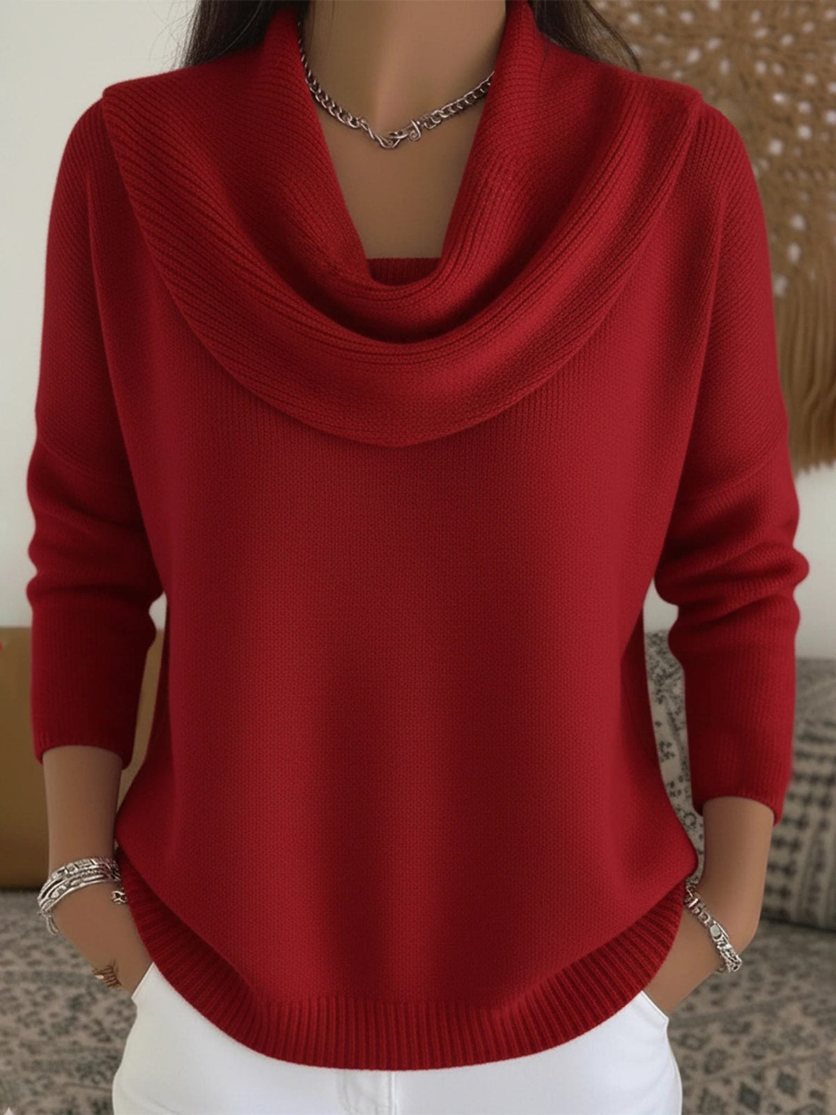 Merinowollen Pullover mit Wasserfallkragen und langen Ärmeln für Damen