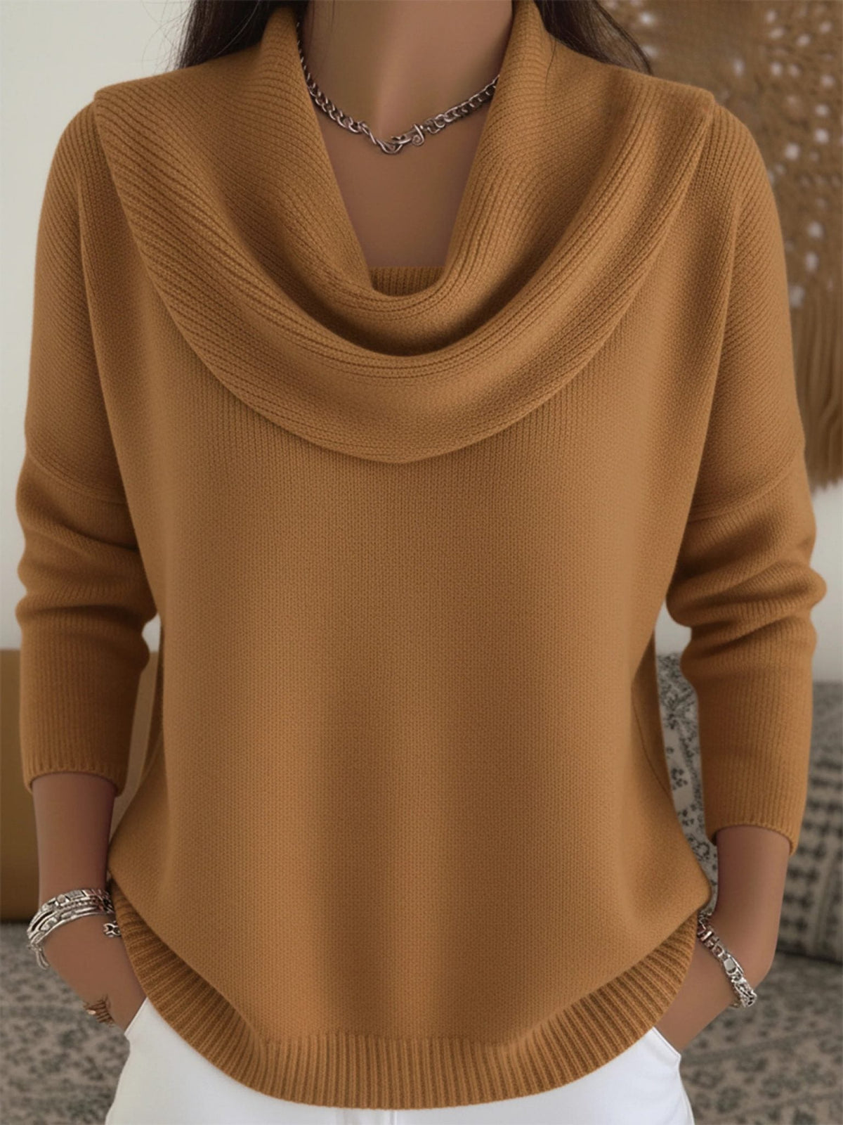 Merinowollen Pullover mit Wasserfallkragen und langen Ärmeln für Damen