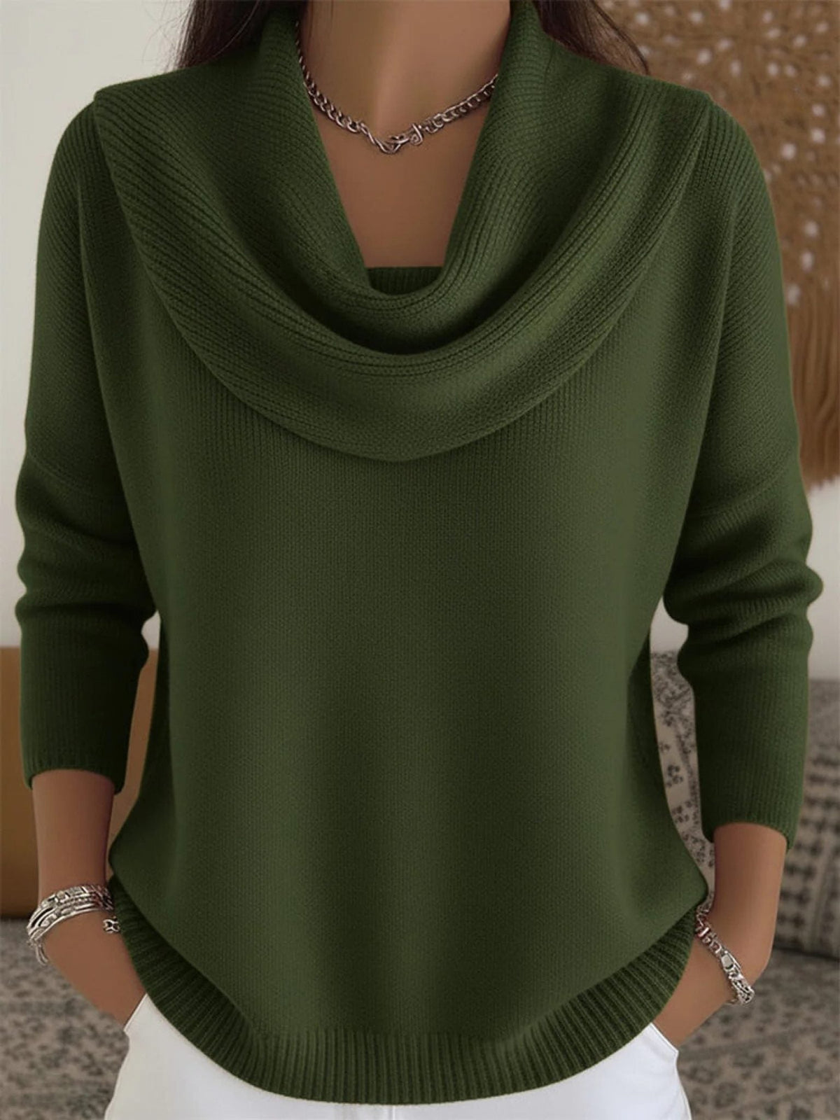 Merinowollen Pullover mit Wasserfallkragen und langen Ärmeln für Damen