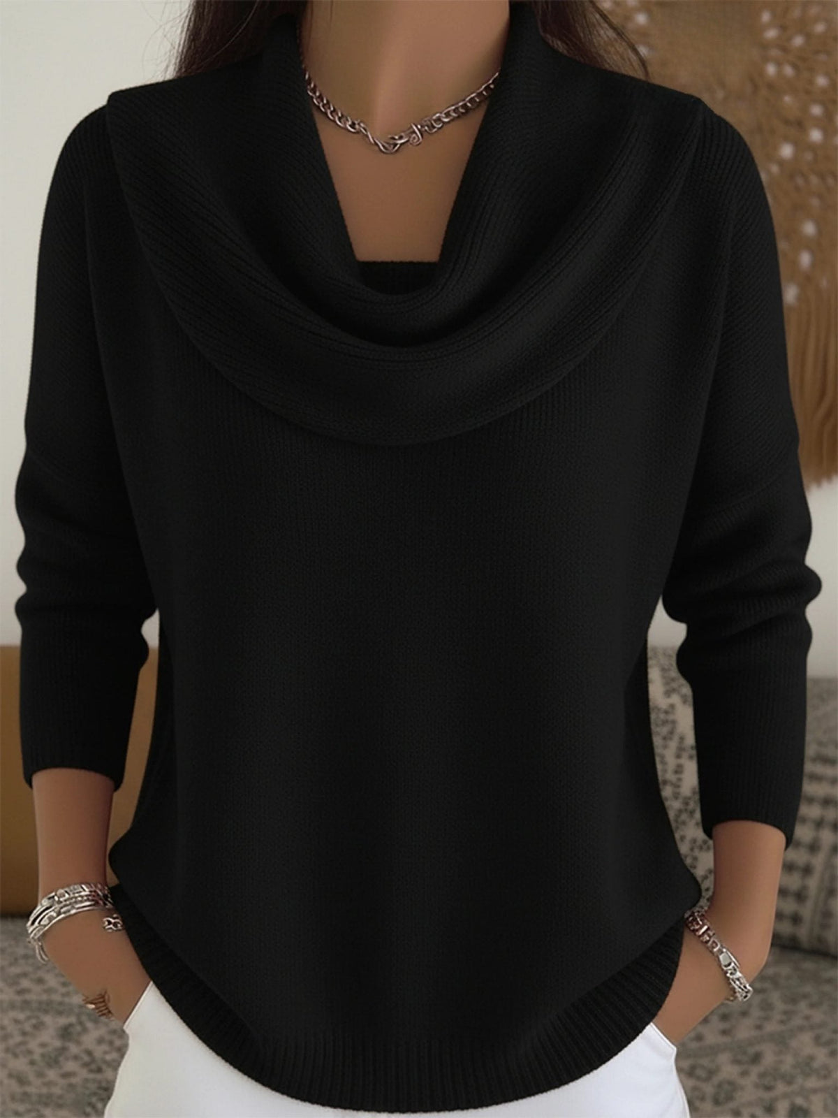 Merinowollen Pullover mit Wasserfallkragen und langen Ärmeln für Damen