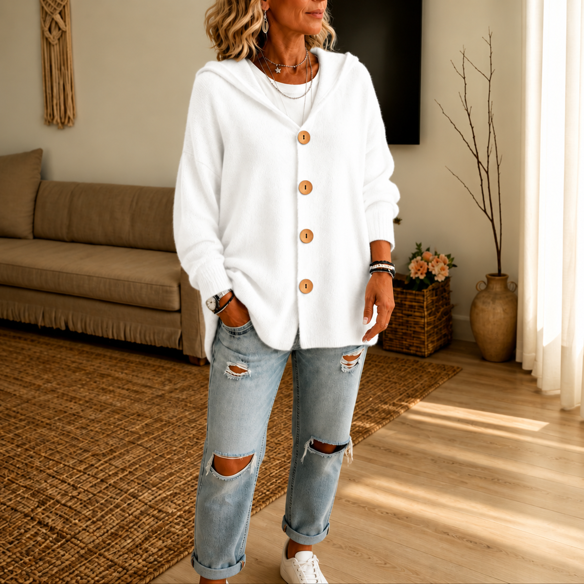 Kapuzen-Waffelstrick-Strickjacke mit Knopfleiste