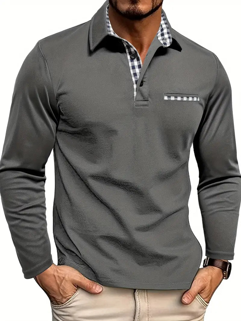 Langarm-Poloshirt mit Karo-Kontrastkragen