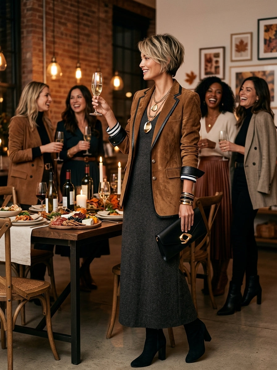 Damen Vintage-Stil Kunstwildleder Blazer mit rotem Lederbesatz