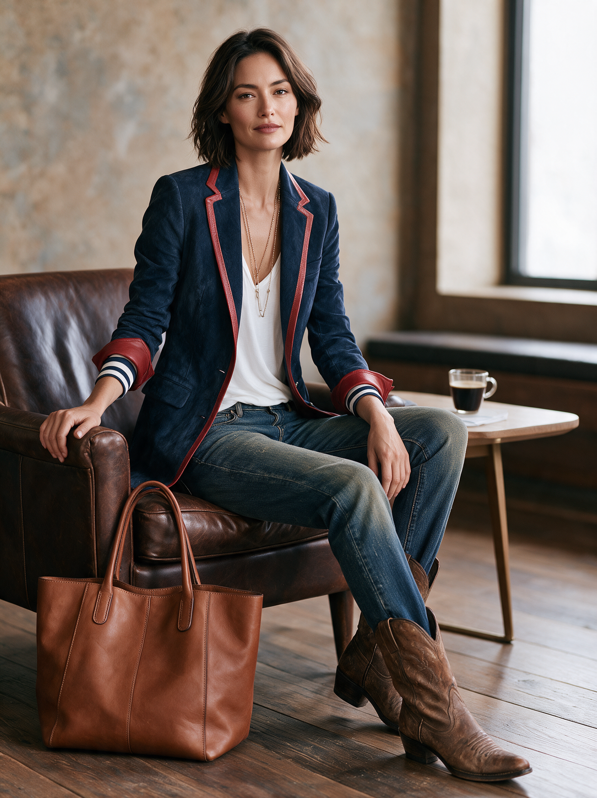 Damen Vintage-Stil Kunstwildleder Blazer mit rotem Lederbesatz