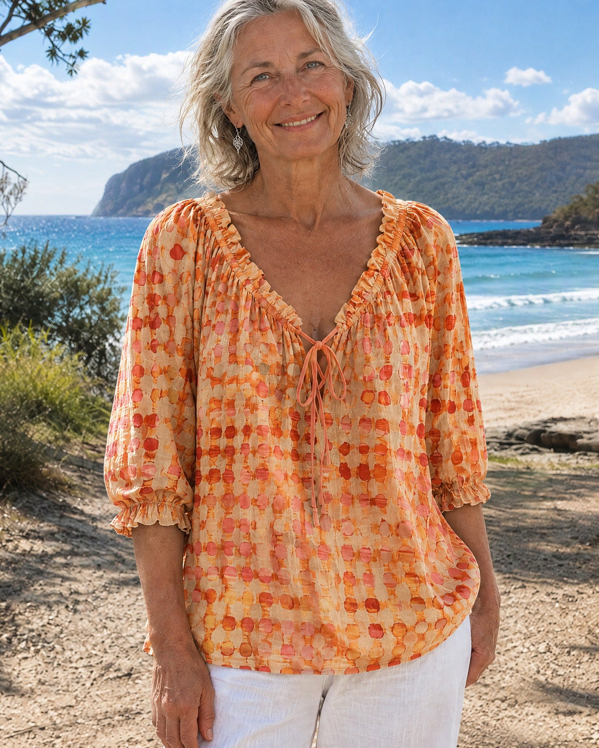 Boho Print Blusenshirt mit Bindenausschnitt