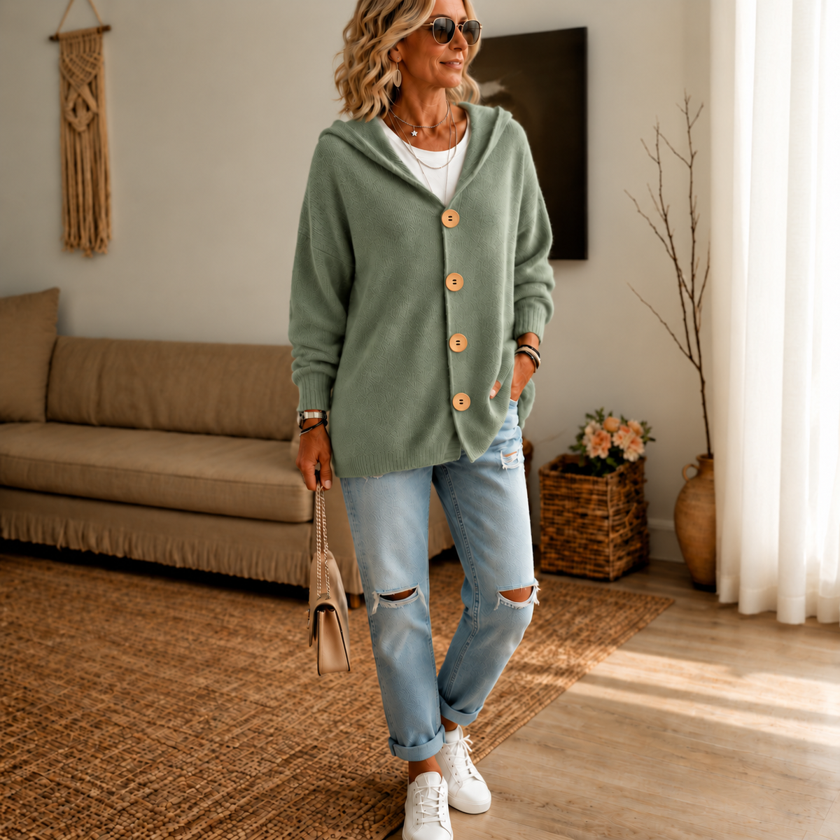 Kapuzen-Waffelstrick-Strickjacke mit Knopfleiste