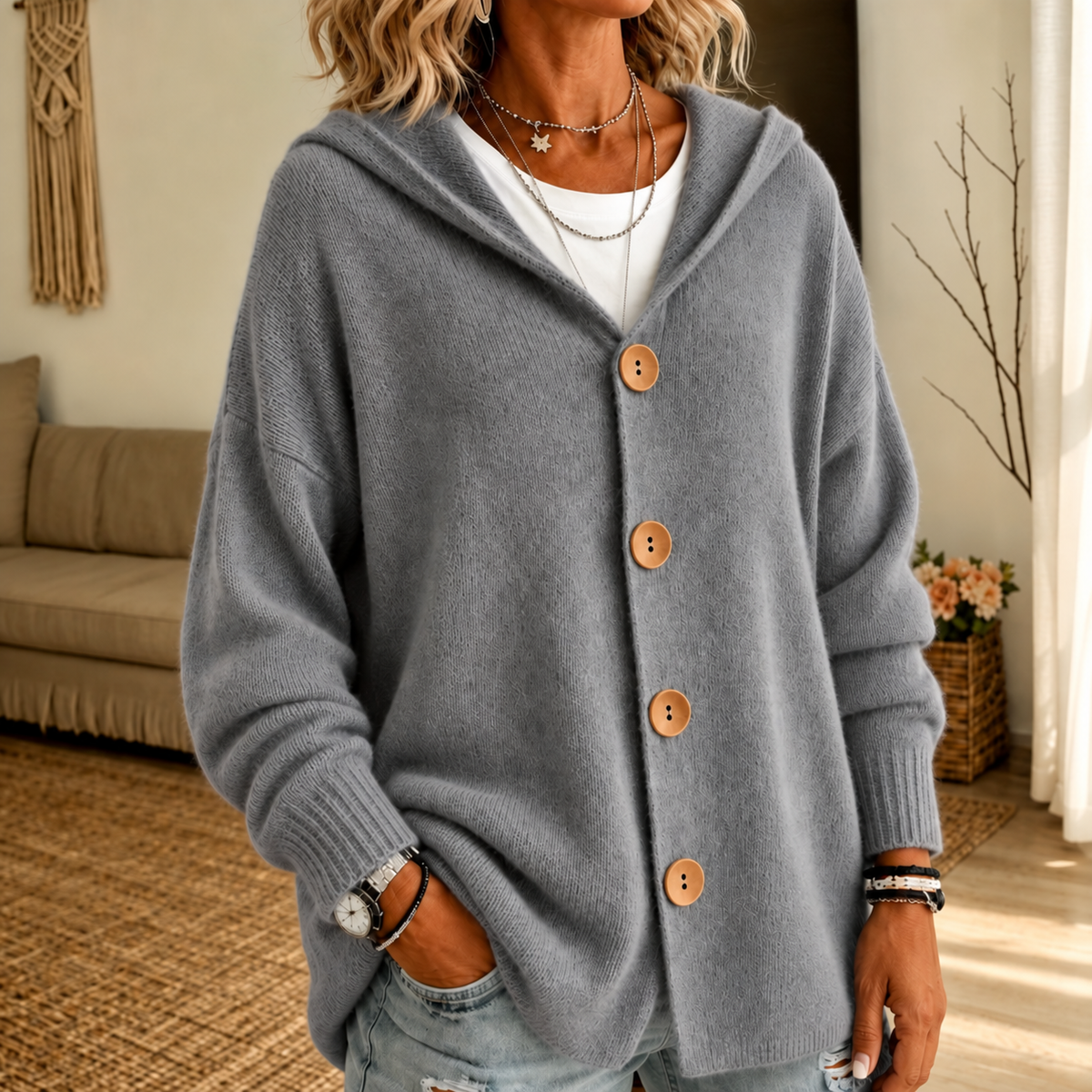 Kapuzen-Waffelstrick-Strickjacke mit Knopfleiste
