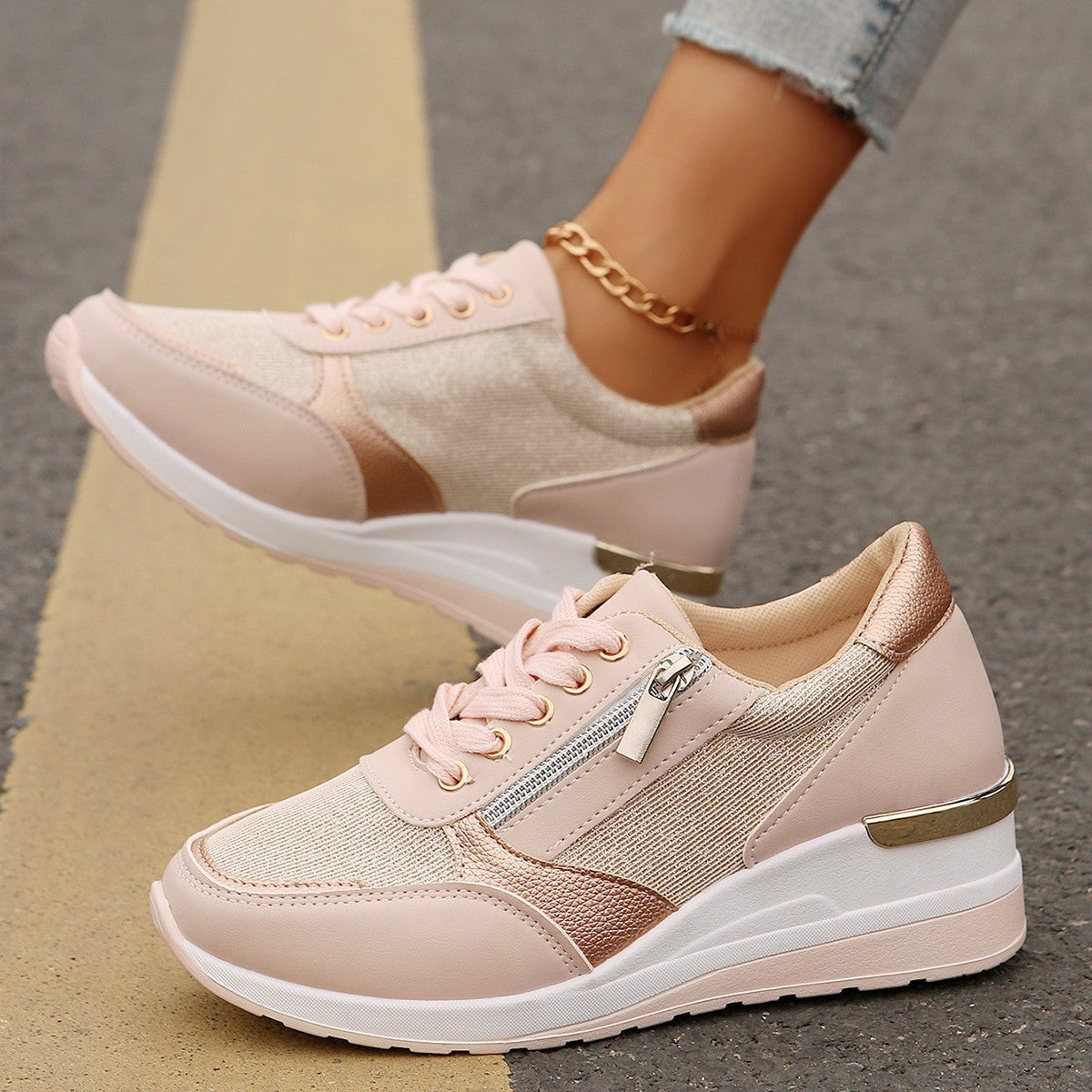 Damen-Sneaker mit Schnürung und seitlichem Reißverschluss – Dicke Sohle, Komfort und sportlicher Stil