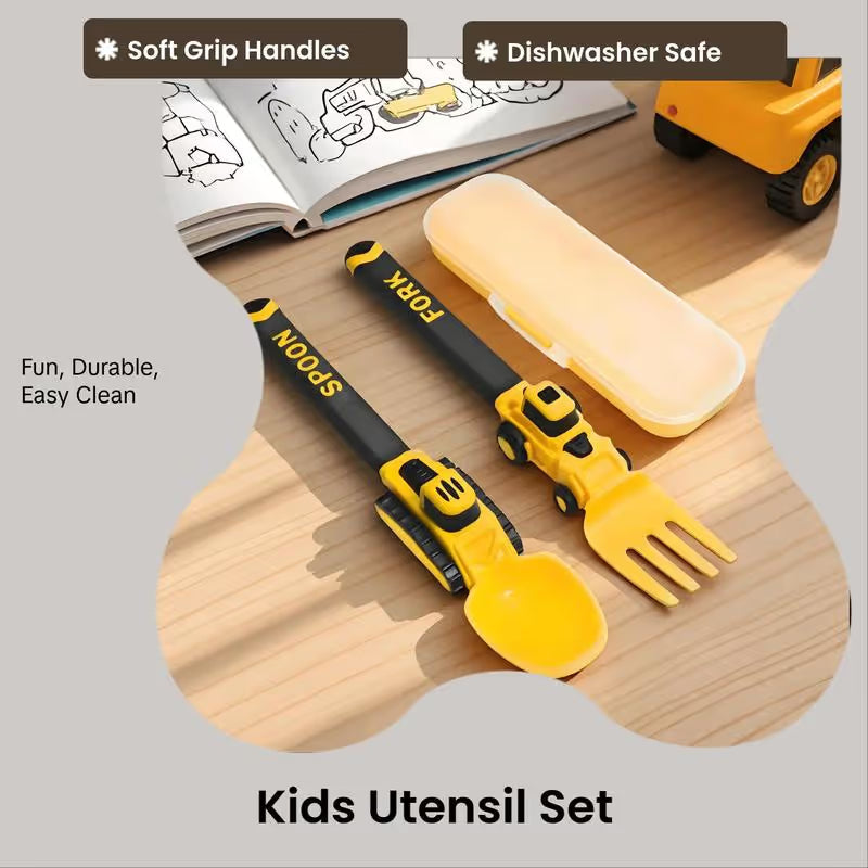 Baufahrzeug Kinder-Besteckset | 3-teiliges Fütterungsset mit Löffel, Gabel & Aufbewahrungsbox | Weicher Griff | Spülmaschinenfest | Perfekt für Reisen & Zuhause | Geschenkset Besteck