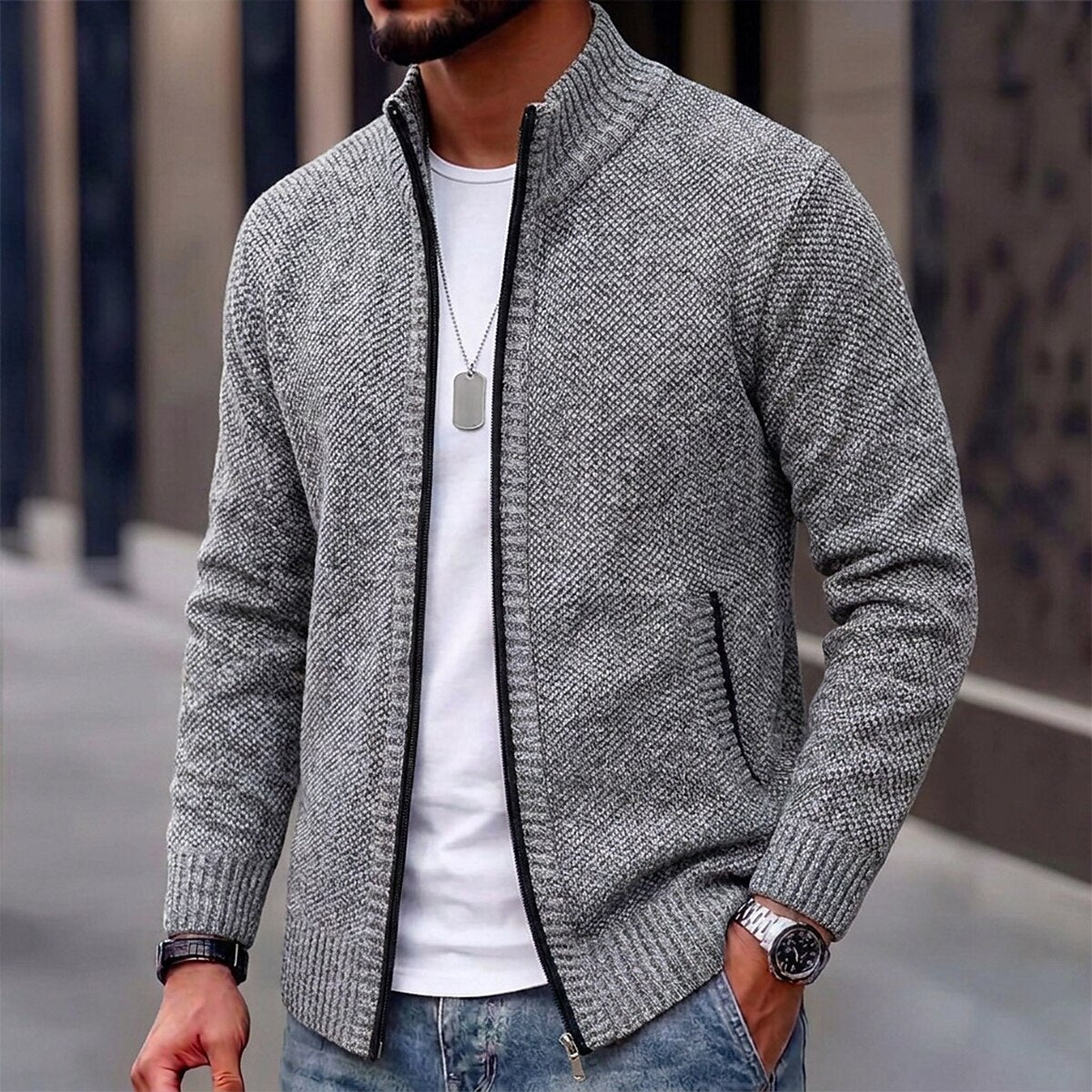 Fleece-Strickjacke mit Reißverschluss und Rippenstrick