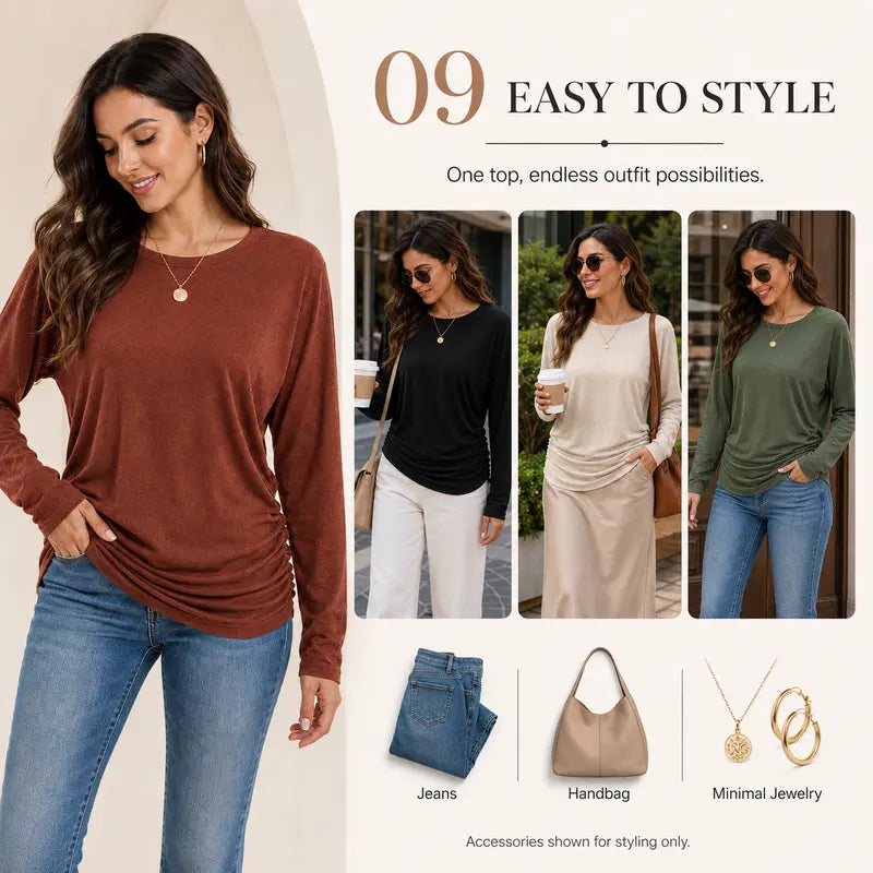 Damen Langarmshirt mit gerafftem Saum Herbst Oberteil Leichter Pullover