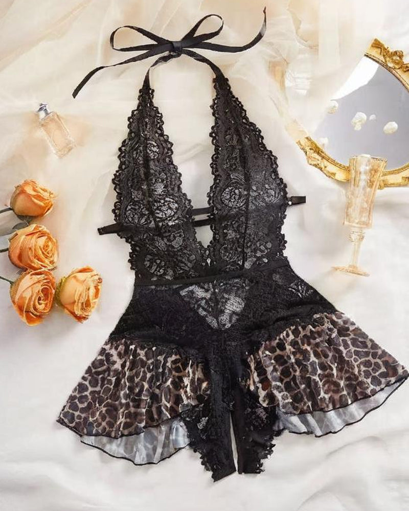 Damen Dessous-Pyjama-Set aus Spitze und Satin mit V-Ausschnitt