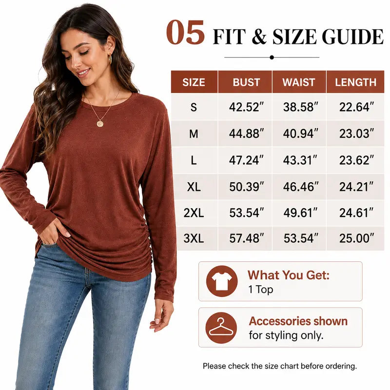 Damen Langarmshirt mit gerafftem Saum Herbst Oberteil Leichter Pullover