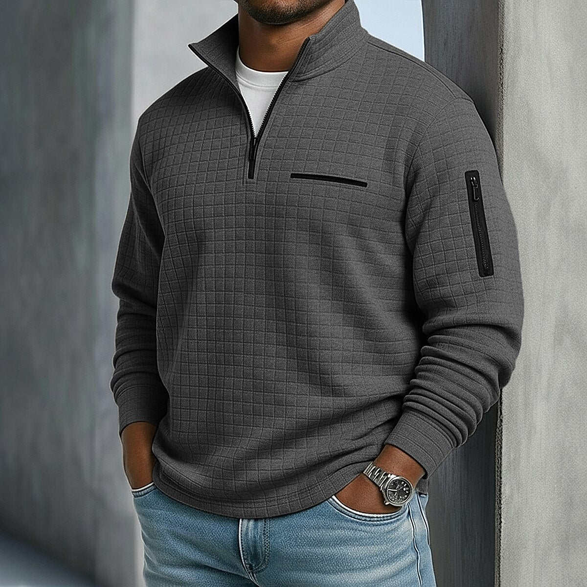 Klassisches Waffle-Poloshirt mit Viertel-Reißverschluss