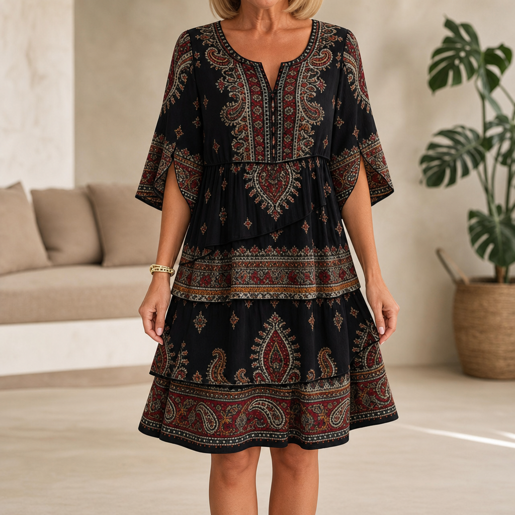 Gestufte Midi-Kleid mit Paisley-Druck und geschlitzten Ärmeln