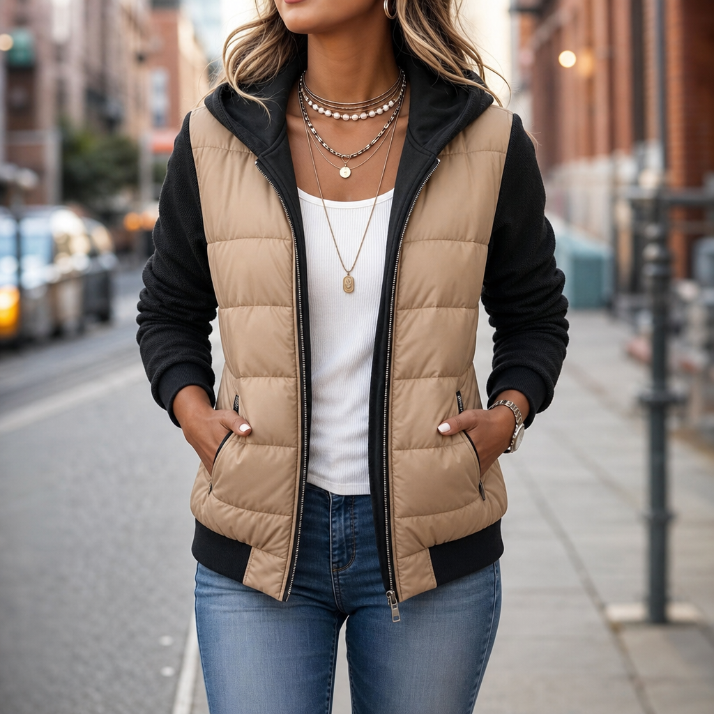 Mixed-Media Gesteppte Puffer-Jacke mit Strick-Ärmeln