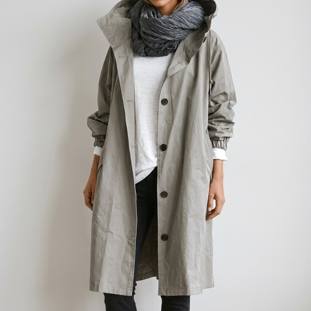 Damen Regenmantel mit Kapuze, Knopfleiste und langer Länge
