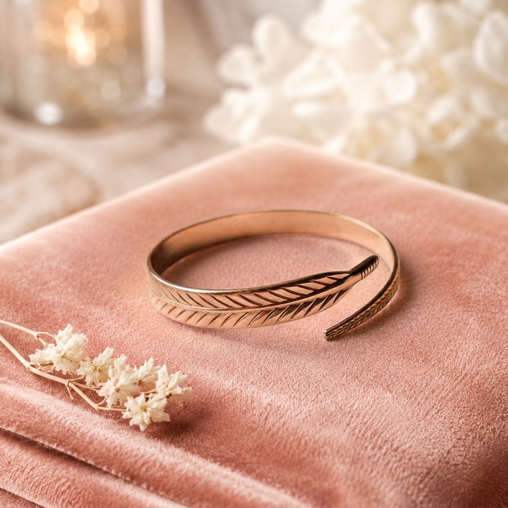 Handgraviertes Kupferarmband mit Federdesign für Gelenkunterstützung