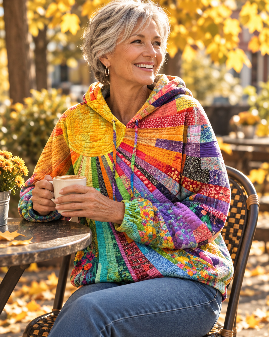 Damen Patchwork Sunburst Hoodie mit Kapuze mit Kordelzug – Entspannte Passform