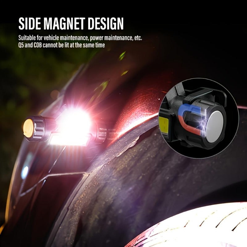 Wiederaufladbare COB LED Stirnlampe mit Magnetfuß - Spotlight und Flutlicht, 90 Grad Neigung, USB-Aufladung