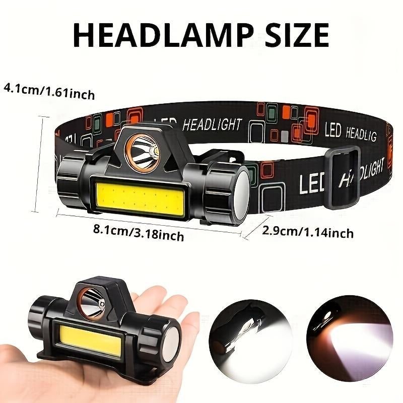 Wiederaufladbare COB LED Stirnlampe mit Magnetfuß - Spotlight und Flutlicht, 90 Grad Neigung, USB-Aufladung