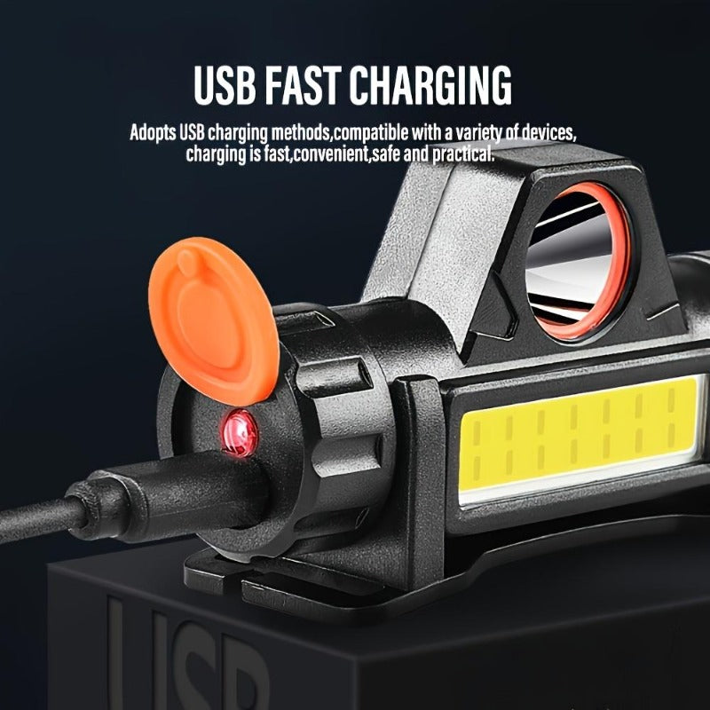 Wiederaufladbare COB LED Stirnlampe mit Magnetfuß - Spotlight und Flutlicht, 90 Grad Neigung, USB-Aufladung