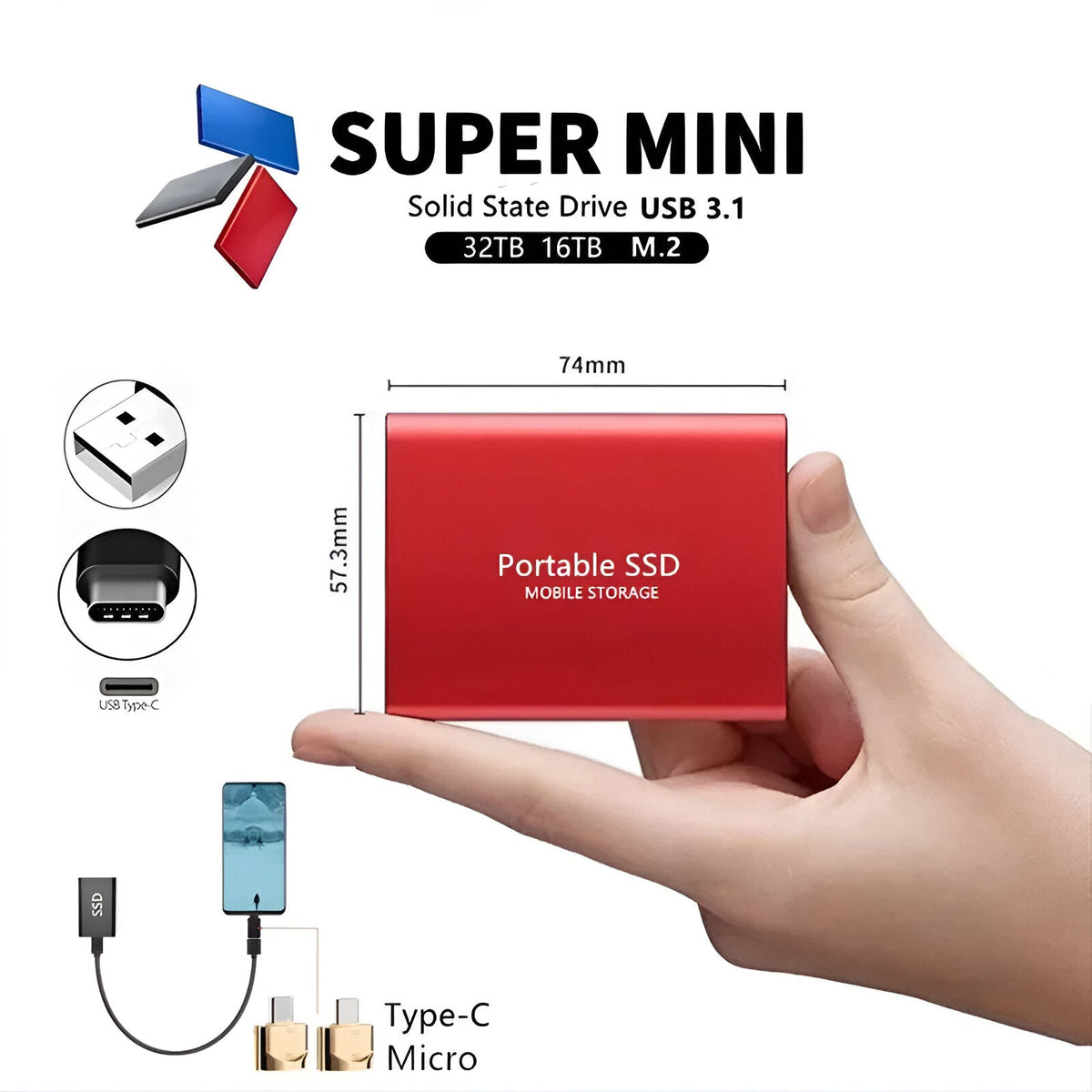 Tragbare Solid State Drive mit universellem Portanschluss und mobilen Adaptern