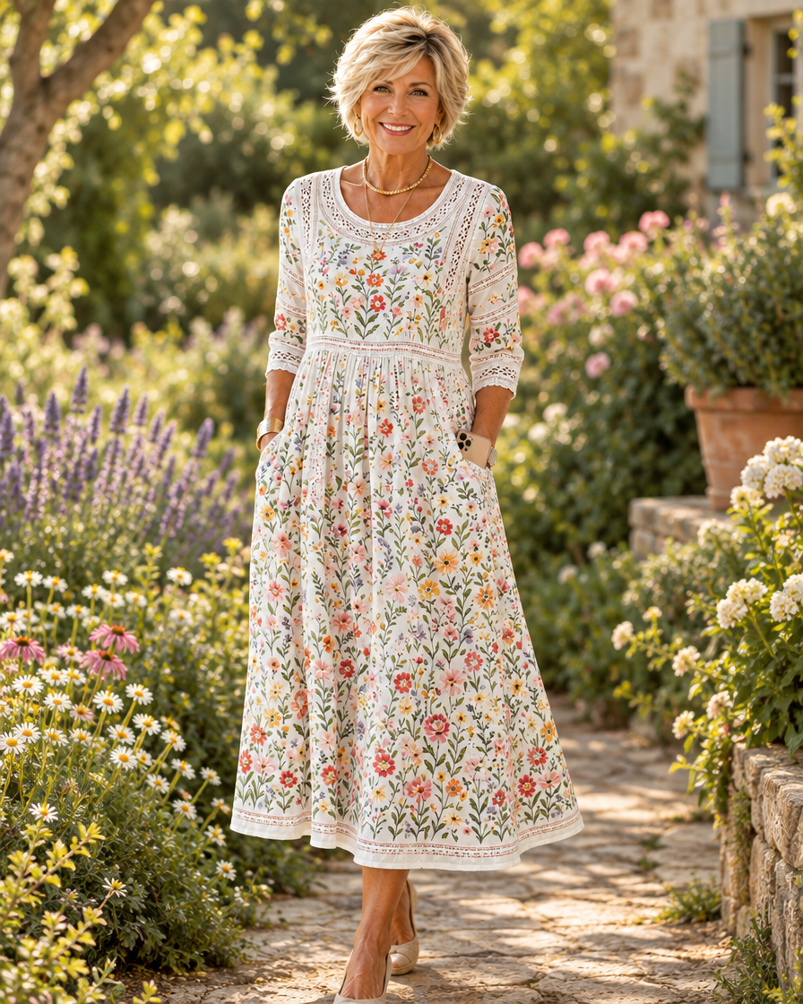 Damen-Blumen-besticktes Midikleid mit Taschen
