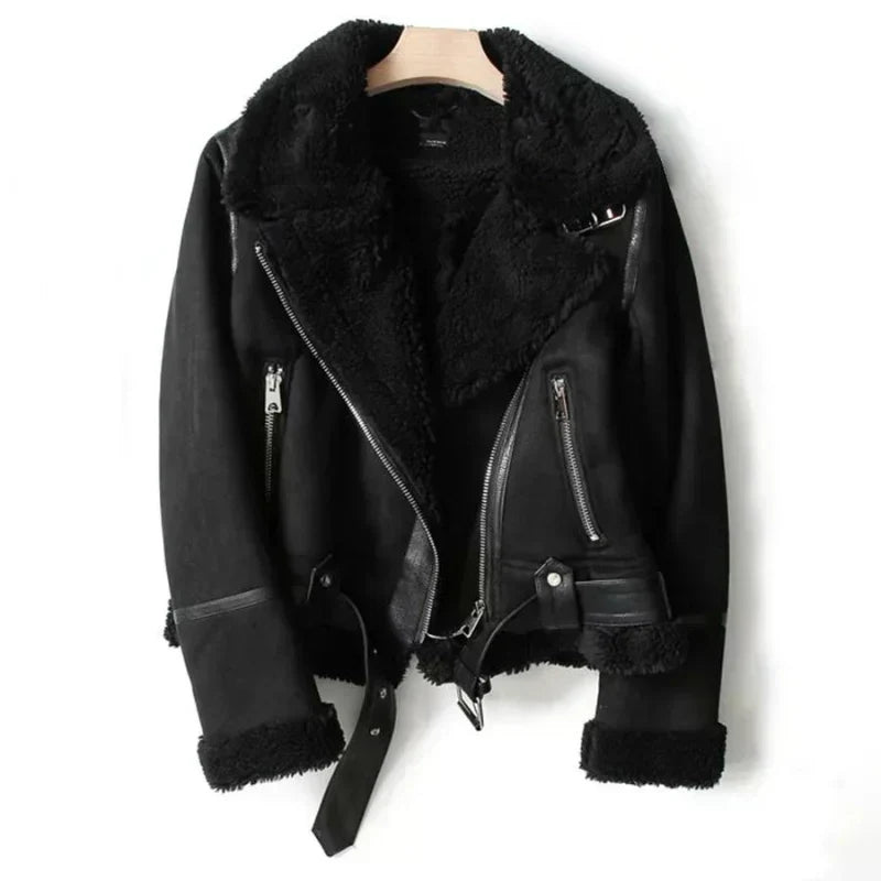 Damen Lederjacke mit Sherpa-Futter – Warmer Biker-Stil für Herbst und Winter
