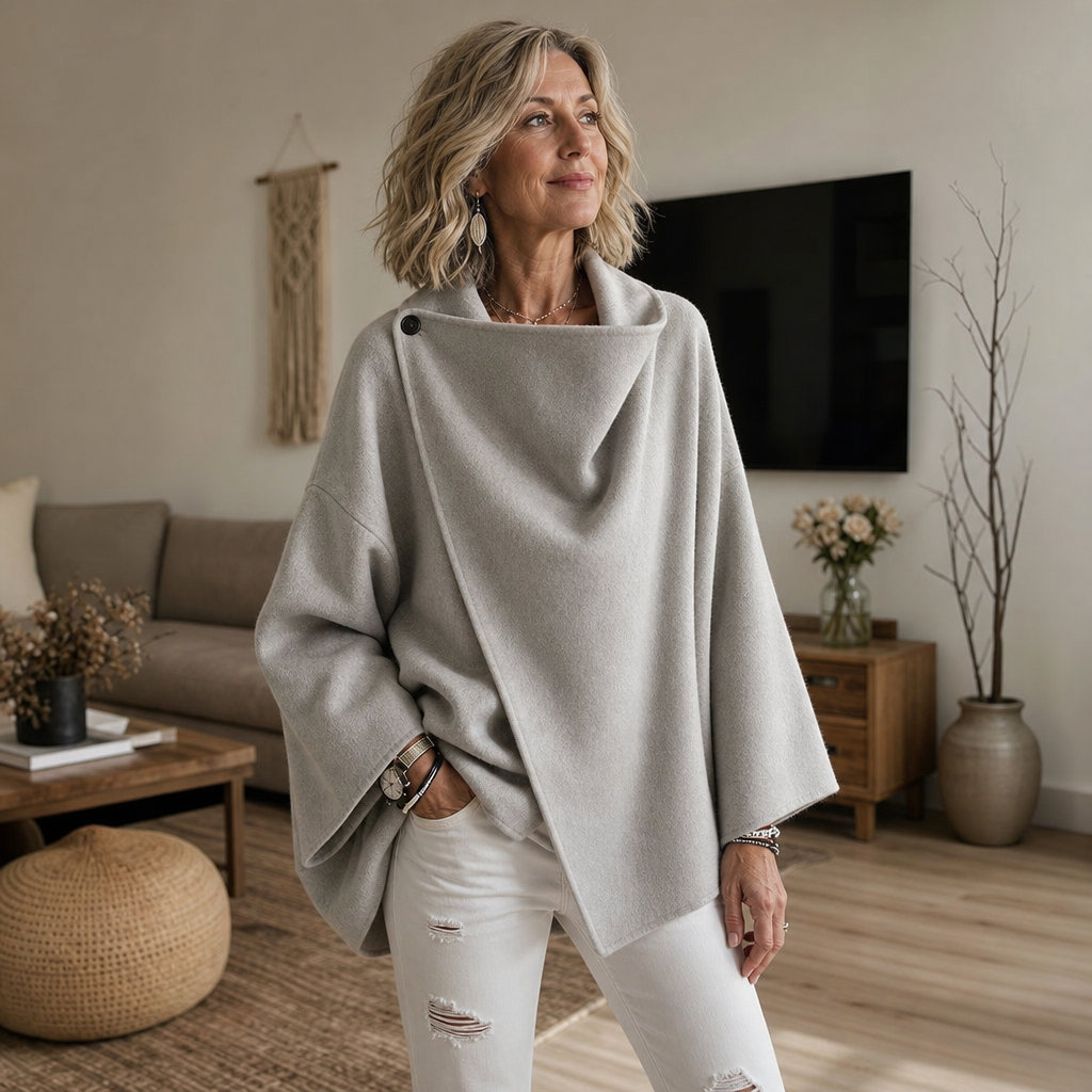 Asymmetrische Wickelcape-Jacke mit Knopfverschluss